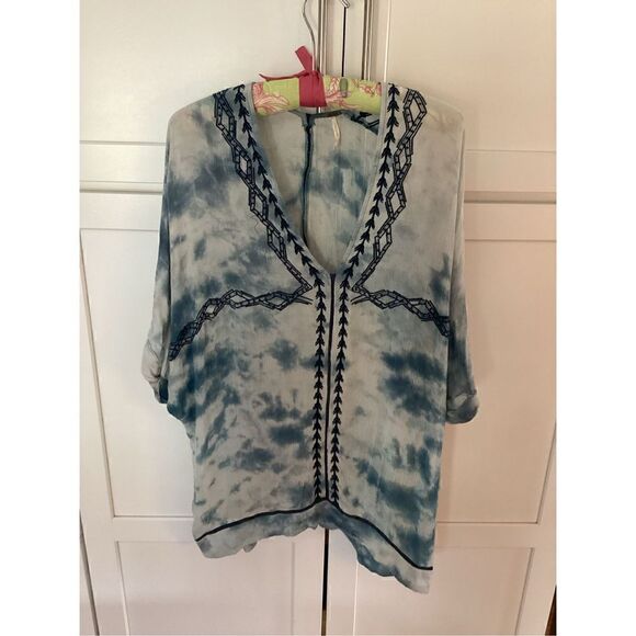 Free People Womens Embroidered Tie Dye Tunic Sz M Blue White - Picture 1 of 8
